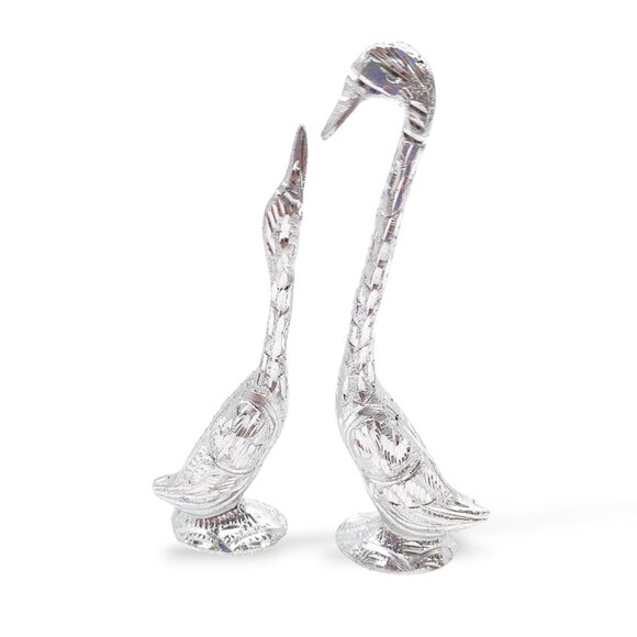 Handmade Other - Vintage Aluminum Swan Figurine‎ Pair 7" Hand-Carved Birds Boho Silver Decor